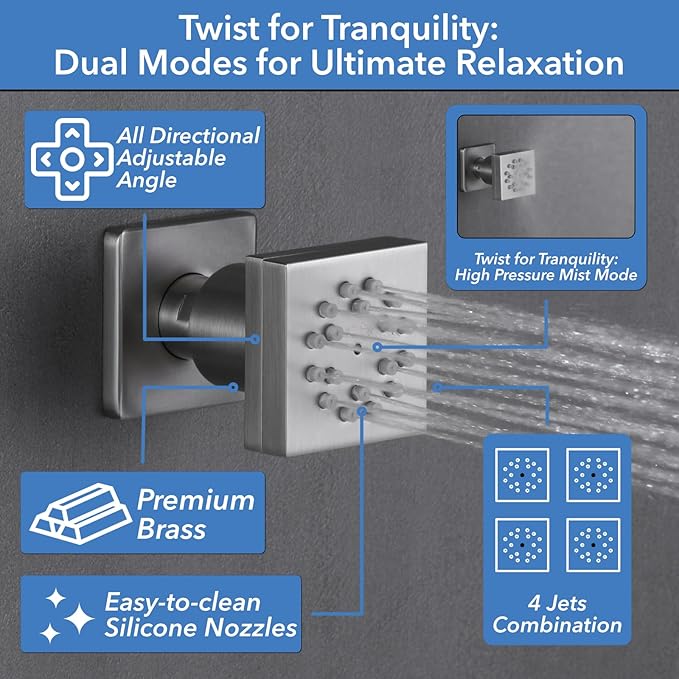 VANFOXLE Shower Faucet Set Brushed Nickel Shower System with 4 PCS Dual Modes 2 Inch Body Jets,Push Button Diverter Shower Fixtures with 2 in 1 Handheld,Ceiling Mount 10 Inch Shower Head