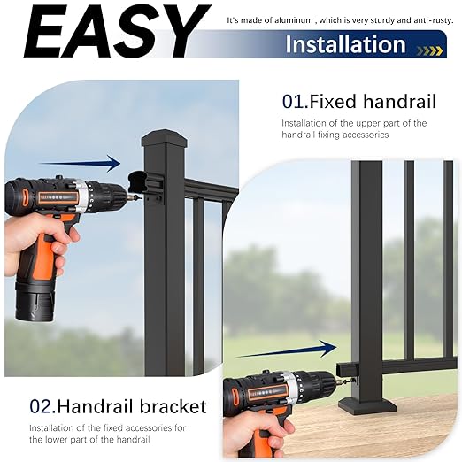 4 Pack Aluminum Deck Railing Bracket Connector with Level Foot & Drill, Fixed Railing Bracket, Black Textured Powder-Coat Finish Railing System (Level Bracket)