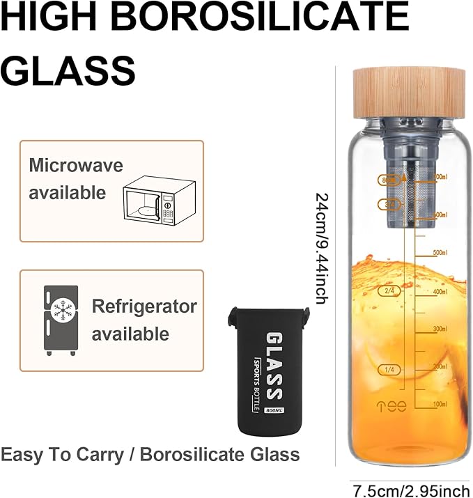 29oz Glass Water Bottle, Leak-Proof, with Stainless Steel Tea Infuser, BPA-Free, Suitable for Office, Car, Gym, and Travel, Reusable, for Hot and Cold Beverages (Circular-29oz-2pcs)