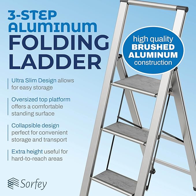 Step Ladder 3 Step Folding, Decorative - Beautiful Gray Wood & Silver Aluminum, Ultra Slim Profile, Anti Slip Steps, Sturdy-Portable for Home, Office, Kitchen, Photography Use,by SORFEY
