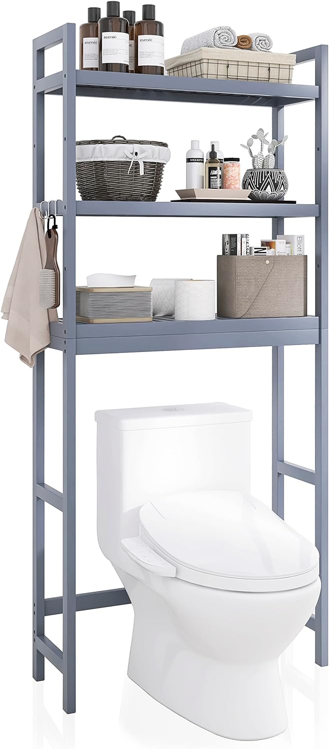 SMIBUY Bathroom Storage Shelf, Bamboo Over-The-Toilet Organizer Rack, Freestanding Toilet Space Saver with 3-Tier Adjustable Shelves (Grey)