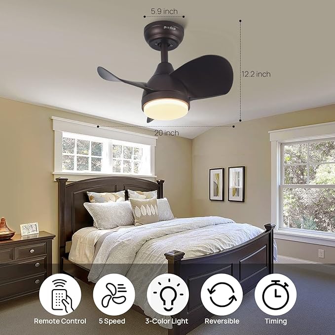 Ceiling Fans with Lights, Modern Ceiling Fan with Lights Remote Control, Flush Mount Ceiling Fan with LED Light， Reversible Quiet DC Motor for Bedroom Living Room(20 Inches)