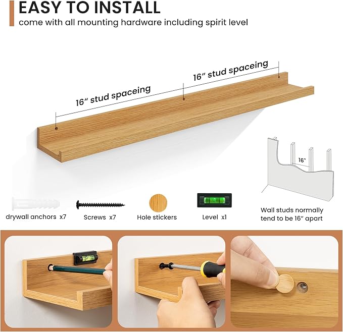 Fun Memories Picture Ledge Shelves Set of 2, 36 Inch Rustic Wall Mounted Floating Shelves with Lip for Home Storage and Décor in Bathroom, Kitchen, Nursery, Bedroom, Living Room, Oak