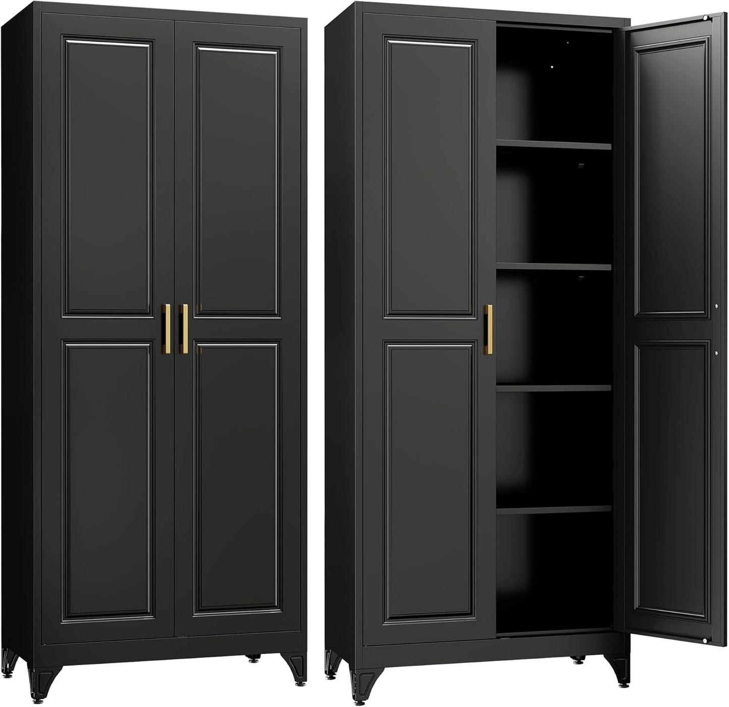 Kitchen Pantry Cabinet,75”Black Metal Storage Cabinets with Doors and 4 Adjustable Shelves,Kitchen Cabinet with 2 Gold Handles,Tall Cabinet for Livingroom, Bathroom