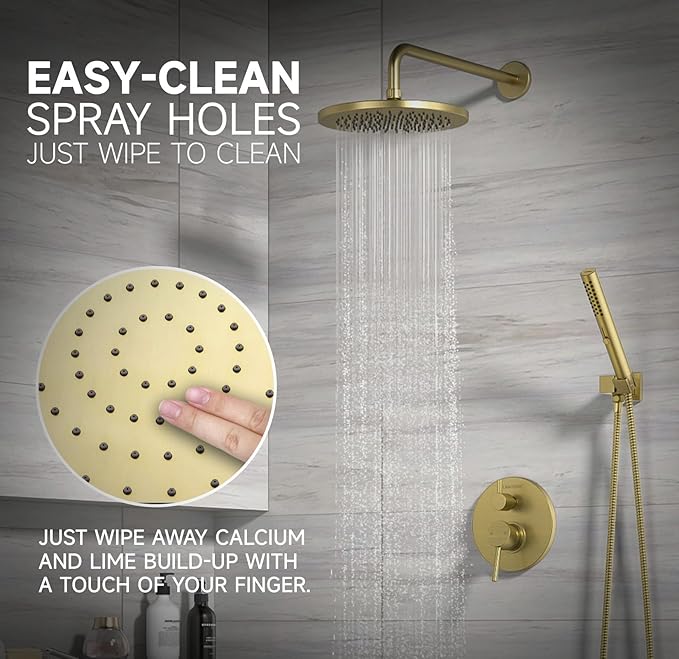 Lava Odoro Modern 2-Setting Round Rain Shower System, Gold Rainfall Shower Faucet Set Rain Shower Head and Handle Set, Shower Valve Trim Kit, 10 Inch, Brushed Gold, SF104-SG