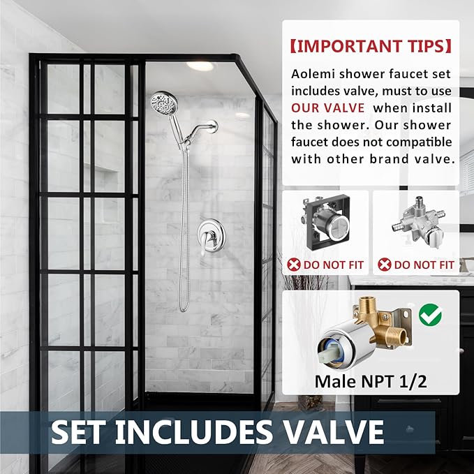 Aolemi Shower Faucet Set Rain Shower Head System Shower Trim Kit Pressure Rough-in Valve Included ABS 8 Setting Single Handheld Spray Polish Chrome