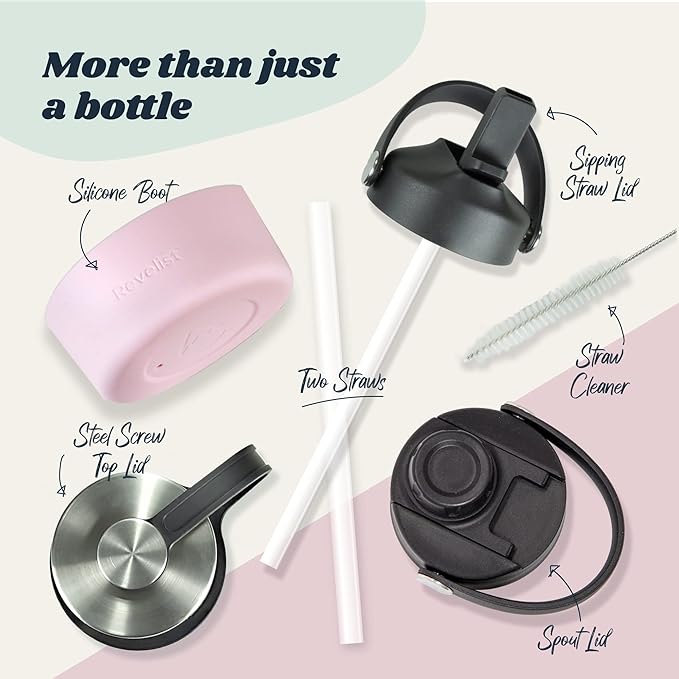 Revelist 32oz Water Bottle - 32 Oz, 3 Lids (Straw Lid, Spout & Screw Top) with Non-Slip Boot, Vacuum Insulated Stainless Steel, Double Walled, Coral Reef (Light Green/Light Pink)