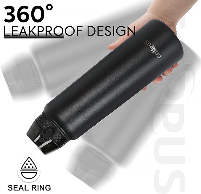 GOPPUS 32 oz Sports Water Bottle 1 Liter Double Wall Insulated Stainless Steel Water Bottles with Straw Lid Reusable Leak proof Metal water bottles with Strap Handle(Black 1 lid)