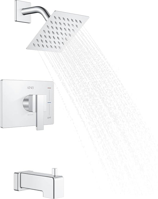KENES Polished Chrome Tub and Shower Trim Kit, Modern Shower Faucet with Single-Spray Square Stainless Rain Shower Head, Shower Trim Chrome, KE-6025A-5 (Shower Valve Included)