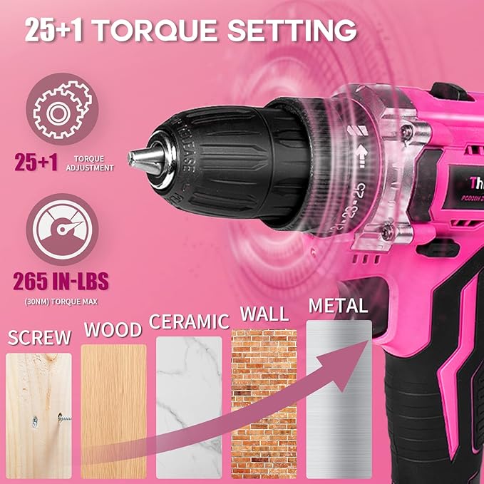 Pink Cordless Drill Set, 20V Lithium-ion Power Drill Set for Women with 67Pcs Driver Bits, 3/8"Keyless Chuck, 25+1 Position, 2.0Ah Battery, Charger and Storage Bag Included
