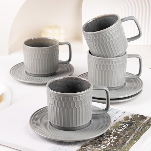 Large Cappuccino Cups with Saucers Set of 4, 8 Ounce Stackable Embossed Ceramic Coffee Mugs for Specialty Coffee Drinks, Latte, Cafe Mocha and Tea, Dishwasher & Microwave Safe (Grey)