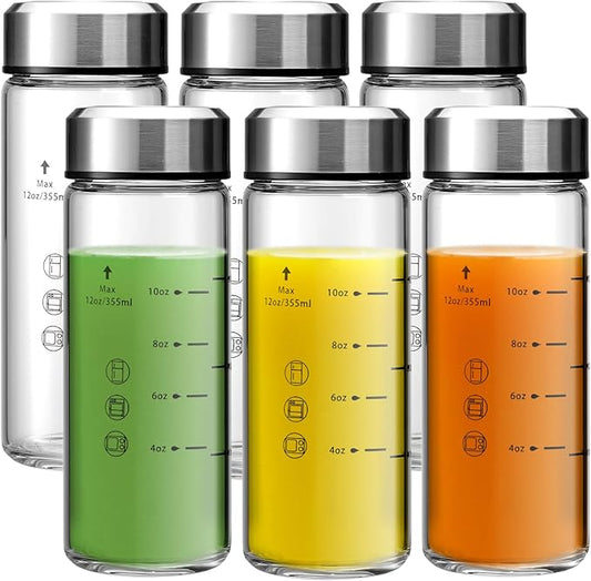 SIEROZUR Juice Bottles - 6 Pack Wide Mouth Glass Bottles with Lids - for Juicing, Smoothies, Infused Water, Beverage Storage - 12oz, BPA Free, Stainless Steel Lids, Leakproof, Reusable, Borosilicate
