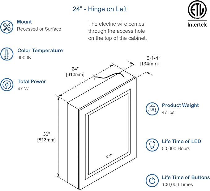 Blossom LED Mirror Medicine Cabinet with Lights, 24x32 Inch | Left Hinge LED Medicine Cabinet Mirror for Bathroom | Recessed or Surface with Defogger, 3 Color Dimmer | Makeup Mirror