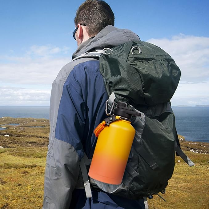 Half Gallon Water Bottle with Straw&Spout Lid, 64oz Stainless Steel Insulated Water Jug with Handle and Wide Mouth, Half Gallon Vacuum Double Walled Jug for Sports, Outdoors, Yellow&Orange 64oz