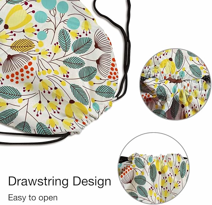 Floral Pattern Beautiful Yellow Flower Green Leaf Red Stamen Drawstring Backpack Gym Backpack Draw String Shoe Swim Back Bag for Women Men 14x16.9 Inch