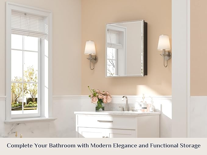 Keonjinn 24" x 30" Medicine Cabinets with Mirror for Bathroom, Brushed Nickel Recessed or Surface Wall-Mounted Aluminum Alloy Framed Beveled Mirror, Farmhouse Bathroom Mirror with Storage Cabinet
