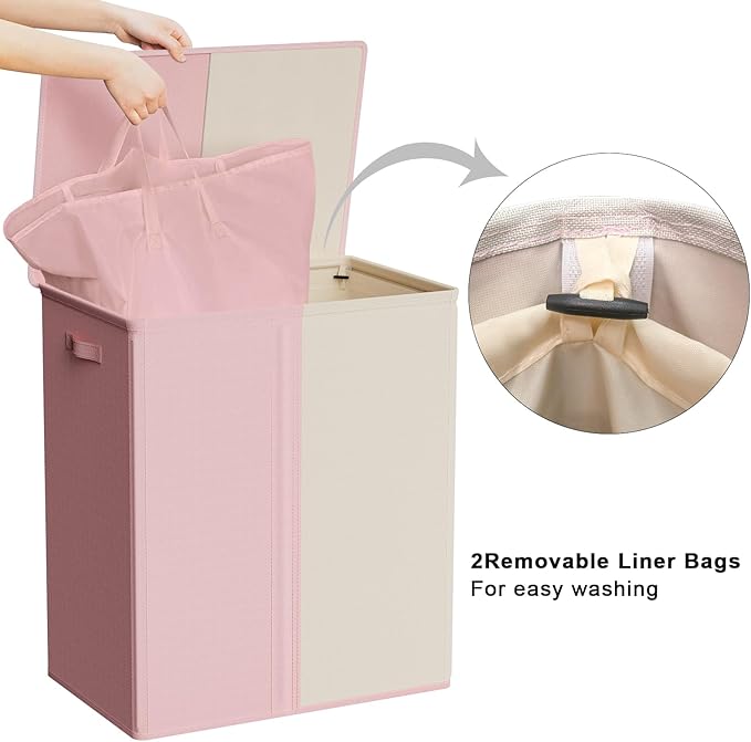 WOWLIVE Double Laundry Baseket with Lid and Removable Laundry Bags,154L Large Laundry Hamper 2 Section Collapsible Dirty Clothes Hamper for Laundry Room,College Dorm,Bathroom,Pink and Beige