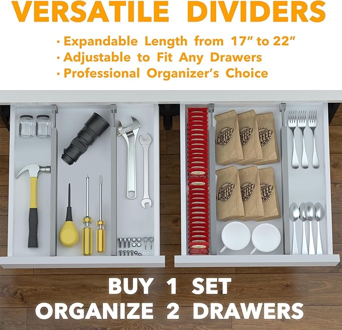 SpaceAid 4 Pack Bamboo Drawer Dividers with Labels, Kitchen Adjustable Drawer Organizers, Expandable Organization for Home Clothes Dressers (17-22 in, Gray)