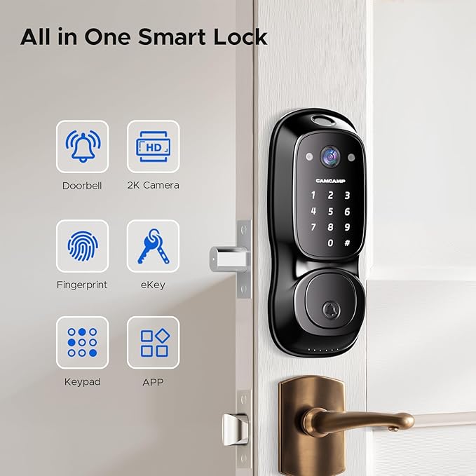 3-in-1 Video Doorbell Smart Lock with Fingerprint & Camera Keyless Entry Deadbolt, Built-in Wi-Fi, Auto Lock, App Control, Easy Install Front Door Security