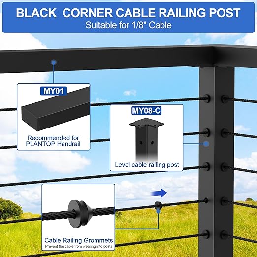 35" Stainless Steel Corner Cable Railing Post 2 Pack, Black Top Mount Corner Line Post with Grommets for Deck Railing Systems, Indoor & Outdoor Use, MY08-C