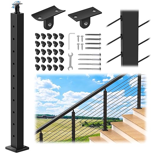 Black Stair Cable Railing Post 35" for 25-35 Degrees Stair, Stainless Steel Adjustable Surface Mount Cable Railing System Kit with Grommets, Indoor & Outdoor(MY08-S)