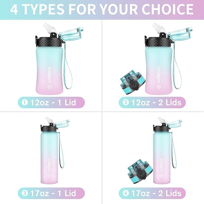 GOPPUS Kids Water Bottle with Straw Spout Lid 10pcs Stickers 12 oz Leak-proof BPA Free Motivational Time Marker Tritan Plastic Water Bottles for Girls Boys School Sports