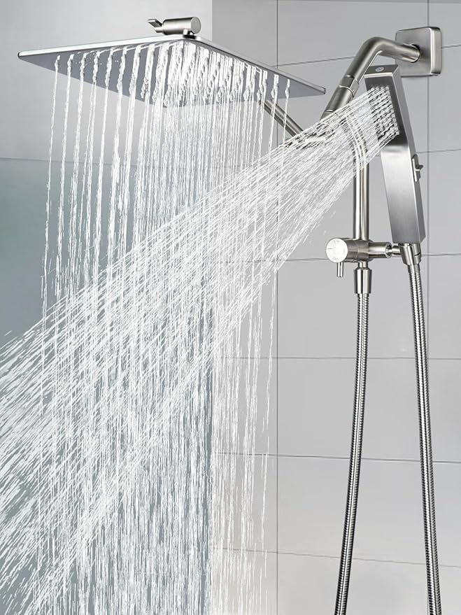 G-Promise All Metal 10 Inches Rain Shower Head with Handheld Built-in Power Wash Mode, 3-way Diverter with Pause Setting, 11 Inches Adjustable Extension Arm with Lock Joint, Long Hose (Brushed Nickel)