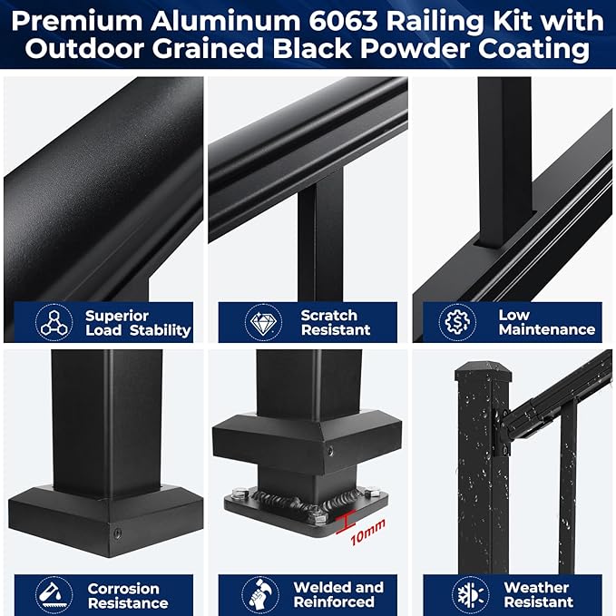 2.56 in. x 2.56 in. x 39 in. Porch and Deck Railing Post with Screws, Aluminum Railing Post, Black Textured Outdoor Powder-Coat Finish Stair Post for Decks, Porches & Balconies (1 Post)