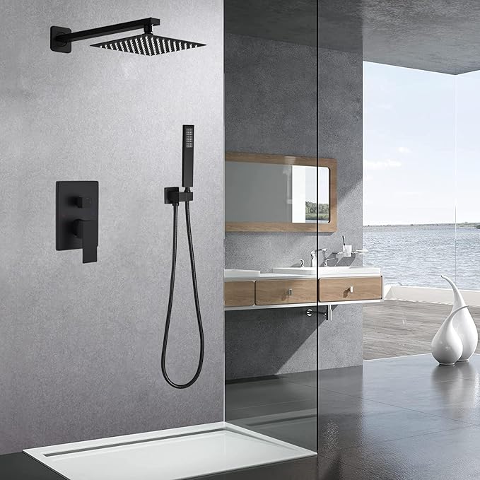 Matte Black Shower System Brass Bathroom Luxury Rain Mixer Shower Combo Set Wall Mounted Rainfall Shower Head System Shower Faucet Rough-in Valve Body and Trim Included