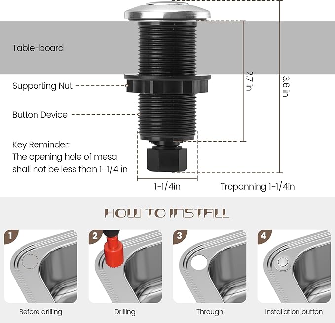 Garbage Disposal Air Switch Kit Sink Top Waste Disposal Long Stainless Steel Brushed Nickel On/Off Air Button Food and Waste Disposals Part by Etoolcity, UL Listed