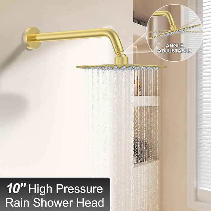 KOJOX 10 Inch Brushed Gold Shower System with High Pressure Rain Shower Head, Handheld Shower head, Bathroom Mixer Shower Set Wall Mounted Shower Faucet Rough-in Valve and Trim Kit