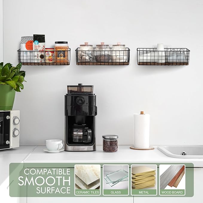 Wall Hanging Baskets 3 Pack, Extra Large Diversified Wire Basket Shelves of Wooden Style, with Wall Mounted Hooks & Traceless Stickers, for Kitchen Coffee Bar Office Room Garage Storage Organization