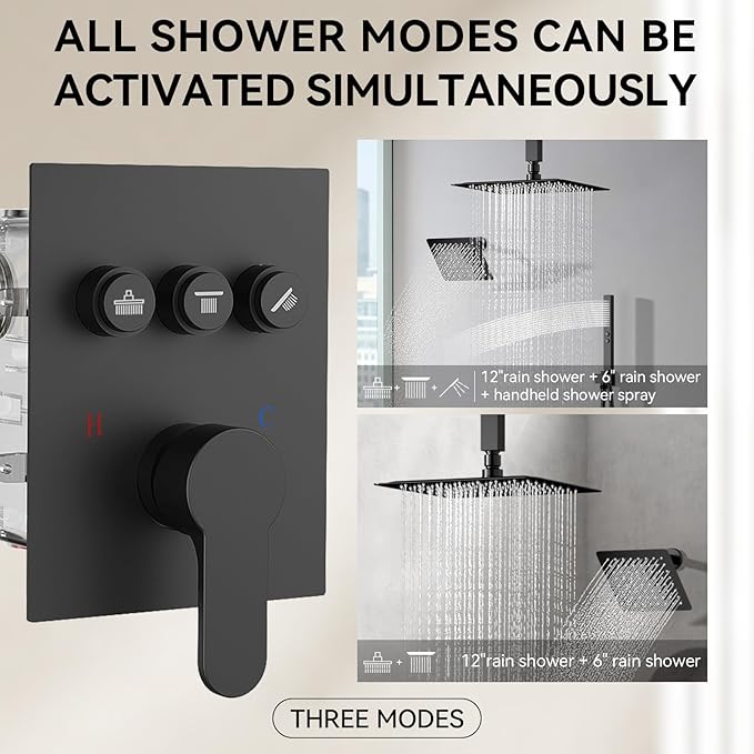 Shower Faucet Set Matte Black Shower System, 12" Ceiling Rainfall Shower and 6" Rain Shower with 2 in 1 Handheld, Can Use All at Once, Wall Mount Pressure Balance Rough-in Valve and Trim Kit