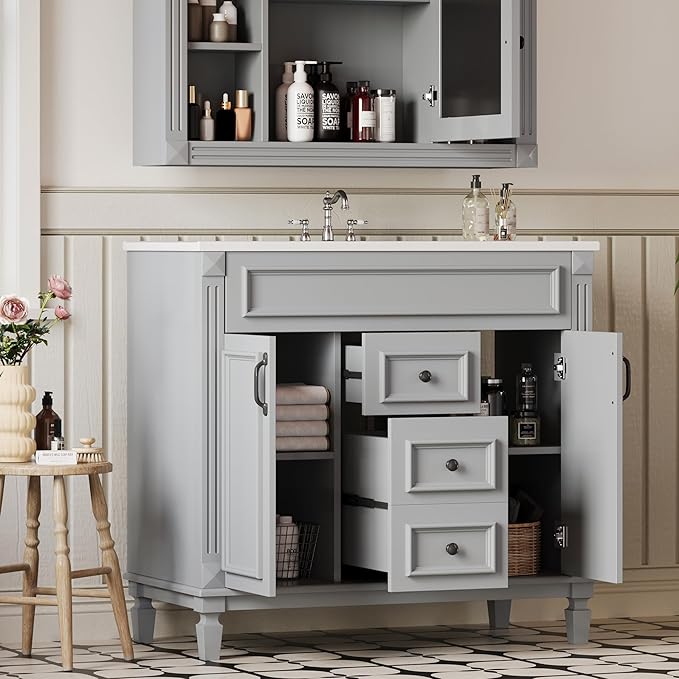 Merax 36” Bathroom Vanity with Sink, Freestanding Single Bathroom Sink Vanity Cabinet Set with 36” Countertop & Integrated Sink, 2 Doors & 2 Drawers (Sink Cabinet Only, Gray)