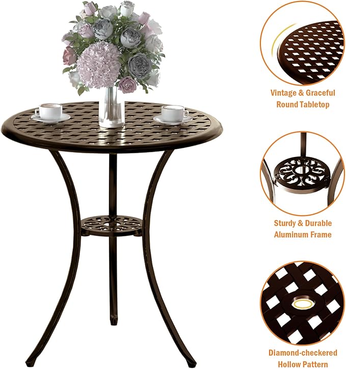 Patio Bistro Set 3 Piece, Cast Aluminum Bistro Set for 2 w/Umbrella Hole, Outdoor Table and Chairs Set of 2, Bistro Set for Balcony/Backyard/Garden, Bronze
