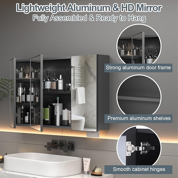 23.6 x 39.4 inch Bathroom Medicine Cabinet with Mirror, Black Metal Framed Mirror Medicine Cabinet with Storage, Pre-Assemble Medicine Cabinets for Bathroom, Recessed or Surface Mount