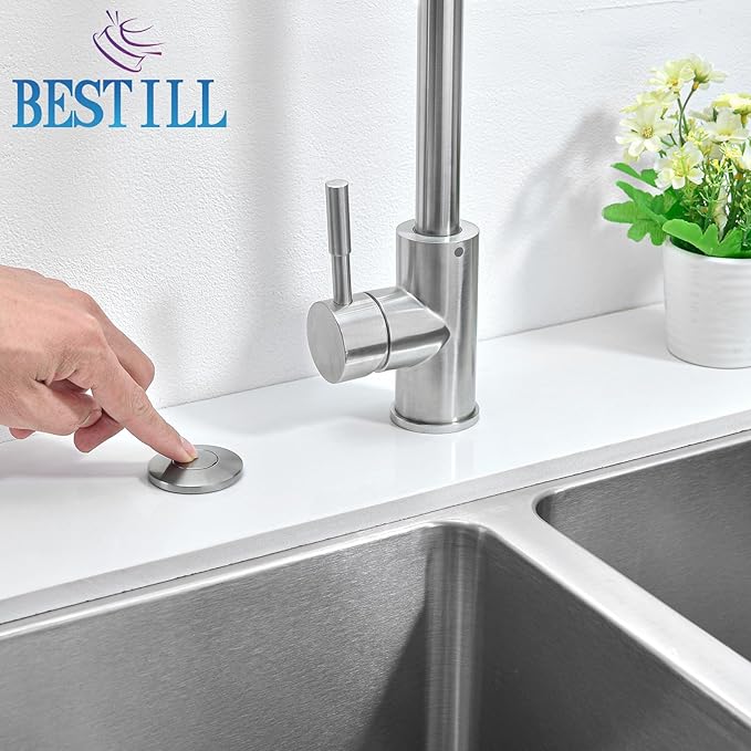 BESTILL Garbage Disposal Air Switch Kit - UL Listed, Brass 3.6" Long Push Button for Waste Disposer, Cordless Sink Top Switch Button, Brushed Nickel, Compatible with all Garbage Disposals
