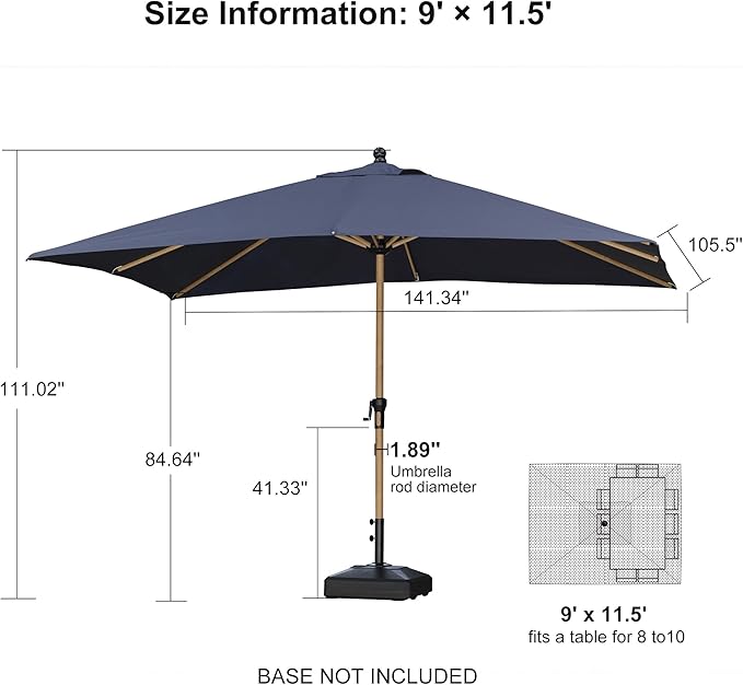 PURPLE LEAF 9' x 11.5' Patio Umbrella Outdoor Table Umbrella Rectangular Aluminum Market Umbrella with 8 Sturdy Ribs & Crank Outdoor Umbrellas for Garden Deck Patio, Navy Blue