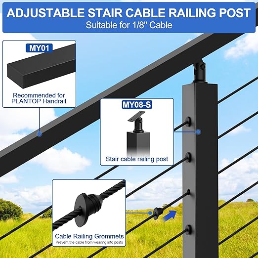 Black Stair Cable Railing Post 35" for 25-35 Degrees Stair, 2 Pack Stainless Steel Adjustable Surface Mount Cable Railing System Kit with Grommets, Indoor & Outdoor(MY08-S)