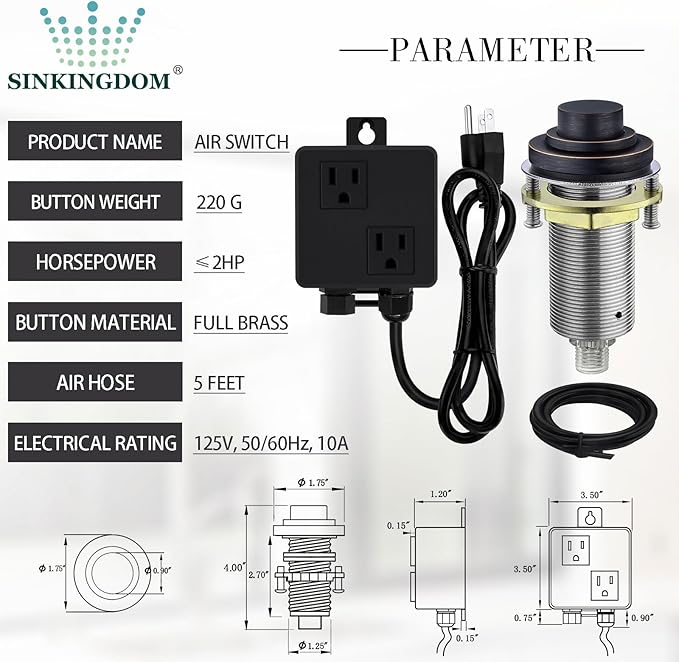 SinkTop Air Switch Kit (Long Full Brass Button) for Disposal, Dual Outlet, (Oil Rubbed Bronze)
