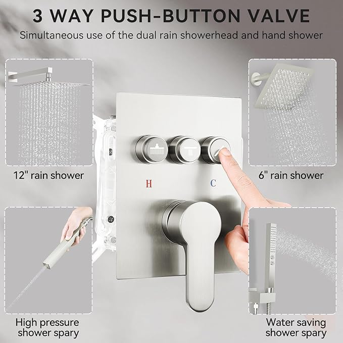Shower System Dual Head，STARBATH 12+6" Rainfall Shower Head and Handheld Spray, Wall Mounted 3 Way Shower Faucet Set with Push Button Pressure Balance Valve and Trim Kit Brushed Nickel