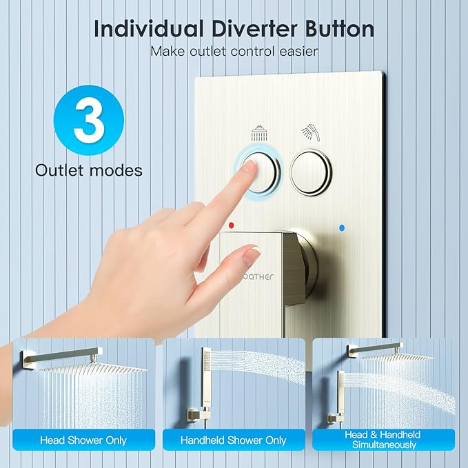 Shower System Shower Faucet Set with Push-Button Diverter and Wall Supply Elbow 12 Inch Shower Head Brushed Nickel