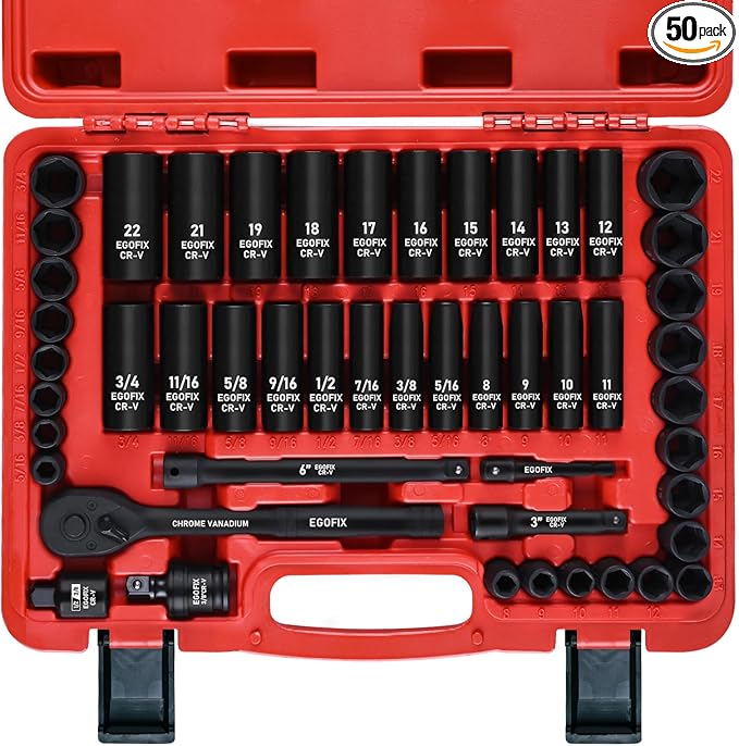 3/8" Drive Impact Socket Set, 50 Piece Standard SAE (5/16 to 3/4 inch) and Metric (8-22mm) 6 Point, with Adjustable Ratchet Handle, Extension Bars, Impact Universal Joint, Adapter, Cr-V Steel