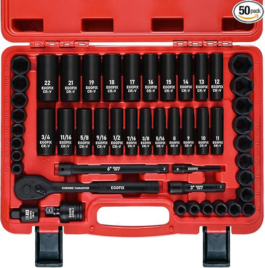 3/8" Drive Impact Socket Set, 50 Piece Standard SAE (5/16 to 3/4 inch) and Metric (8-22mm) 6 Point, with Adjustable Ratchet Handle, Extension Bars, Impact Universal Joint, Adapter, Cr-V Steel