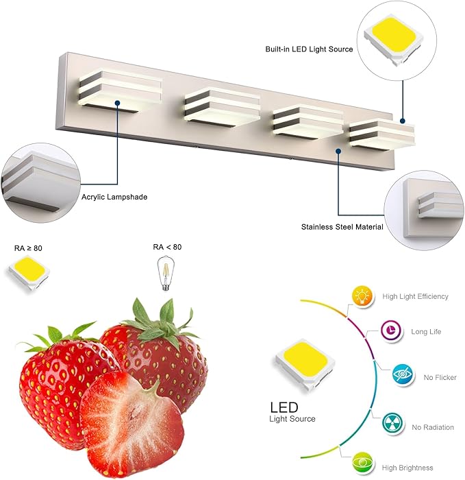 4-Light LED Brushed Nickel Vanity Lights for Bathroom Light Fixtures Adjust 3 Colors Modern Bath Lighing Over Mirror LED Vanity Light 27inch