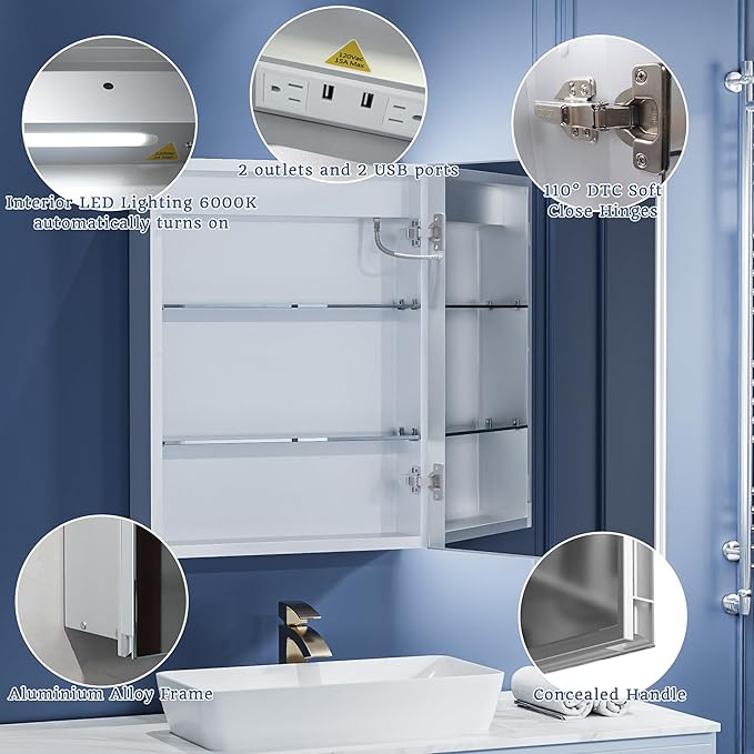 ExBrite Lighted Medicine Cabinet with Mirror, 20 x 26 Inch, Recessed or Surface led Medicine Cabinet, Defog, Stepless Dimming,Color Temperature Change,2 Outlets,Built-in 6000K Sensor Light,Right Hinge