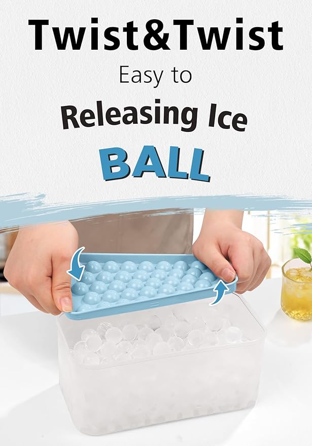 DOQAUS Round Ice Cube Trays with lid and Bin, 4 Pack Easy Pop Out Ice Trays for Freezer with Cover, Compact Circle Ice Cube Trays for Frezzer, Sphere Ice Cube Tray with Storage Ice Bucket Kits, Scoop