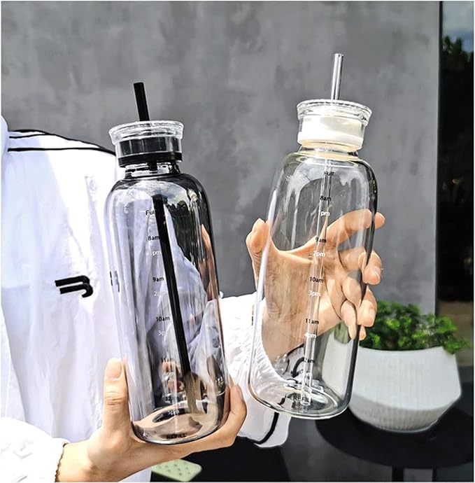 Glass Water Bottles With Double Lid,26OZ Clear Water Bottle With Time Marker,Water Bottle With Straw, Circle Water Bottle For Milk,Juice, Coffee(750ml,Grey)