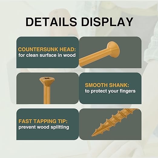 T.K.Excellent Deck Screws 3 Inch Wood Screws #10 x 3, 315 Pcs, Rust Resistant Structural Screws Tan Exterior Fence Screws Torx Drive Screw, Two T25 Bits, Brilliant Yellow Ruspert Coating Rust Proof