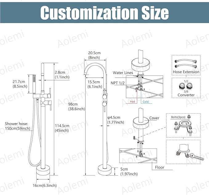 Aolemi Floor Mount Bathtub Faucet Freestanding Tub Filler Standing High Flow Shower Faucets Shower Mixer Taps, Swivel Gooseneck Spout with Cylinder Handheld Polish Chrome